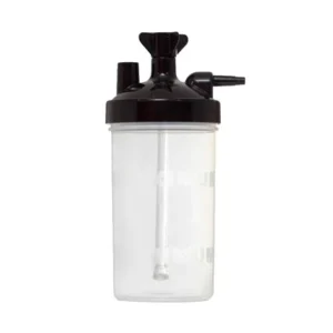 Vaso humidificador médico para oxigenoterapia y suministro adecuado de humedad al paciente.