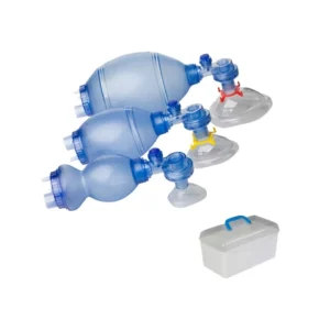 Ambú adulto y pediátrico para ventilación manual de emergencia y soporte respiratorio.