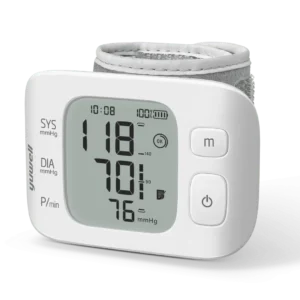 Tensiómetro de muñeca Yuwell YE8800AR digital para medir la presión arterial y frecuencia cardíaca.